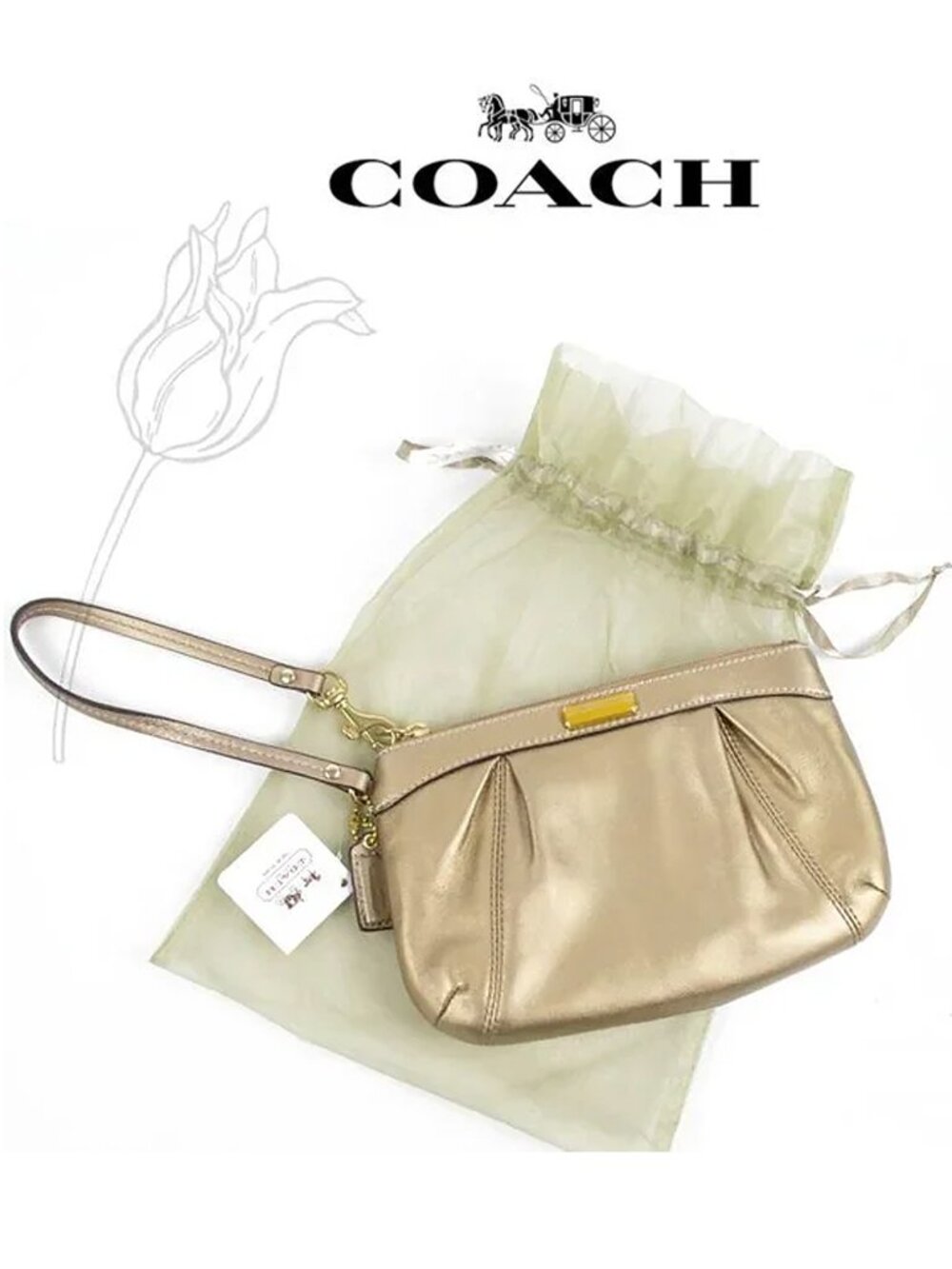 Coach Gold Leather Pleated Wristlet